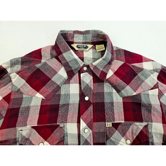 Salt Valley Size Small Mens Marron White Gray Check Pearl Snap Logo Cotton Shirt - Picture 11 of 11